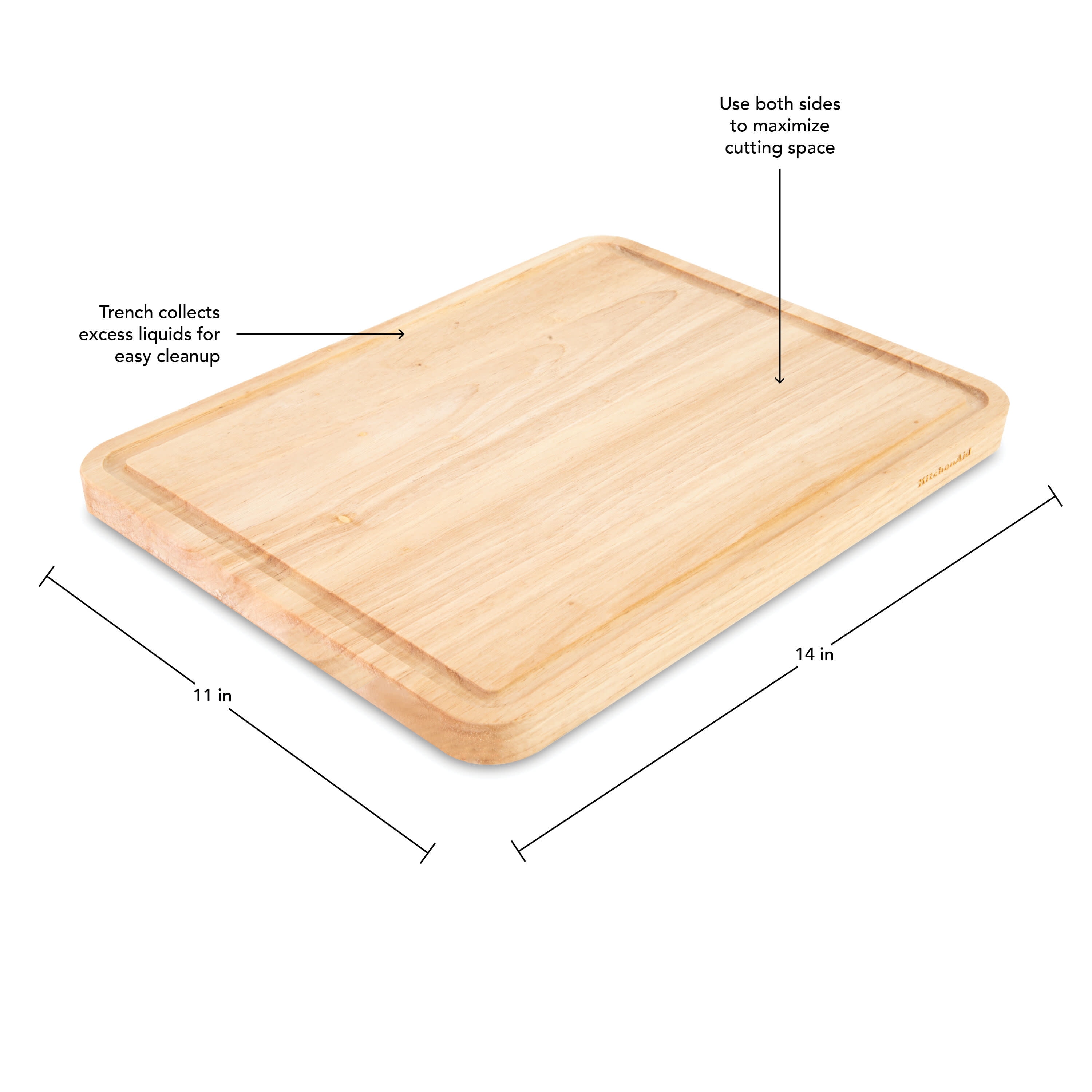 Kitchenaid Classic Rubberwood Cutting Board with Trench, 11x14-inch, Natural