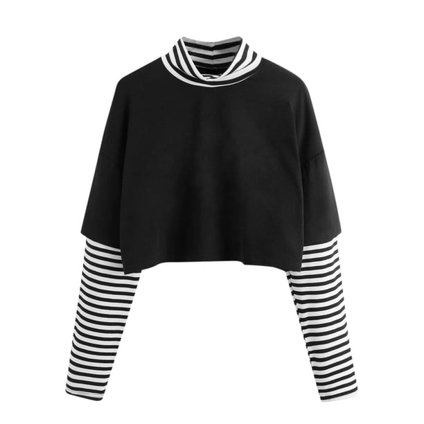 Puntoco Bloque de color para mujer 2 en 1 Crop top Sun Moon Butterfly Impreso Camisas a rayas en contraste Blusas de cuello alto de manga larga Puntoco Puntoco-7933