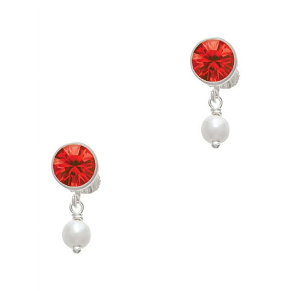 Delight Jewelry Silvertone 6mm Glass Imitation Pearl Bead Drop Red Crystal Clip on Earrings