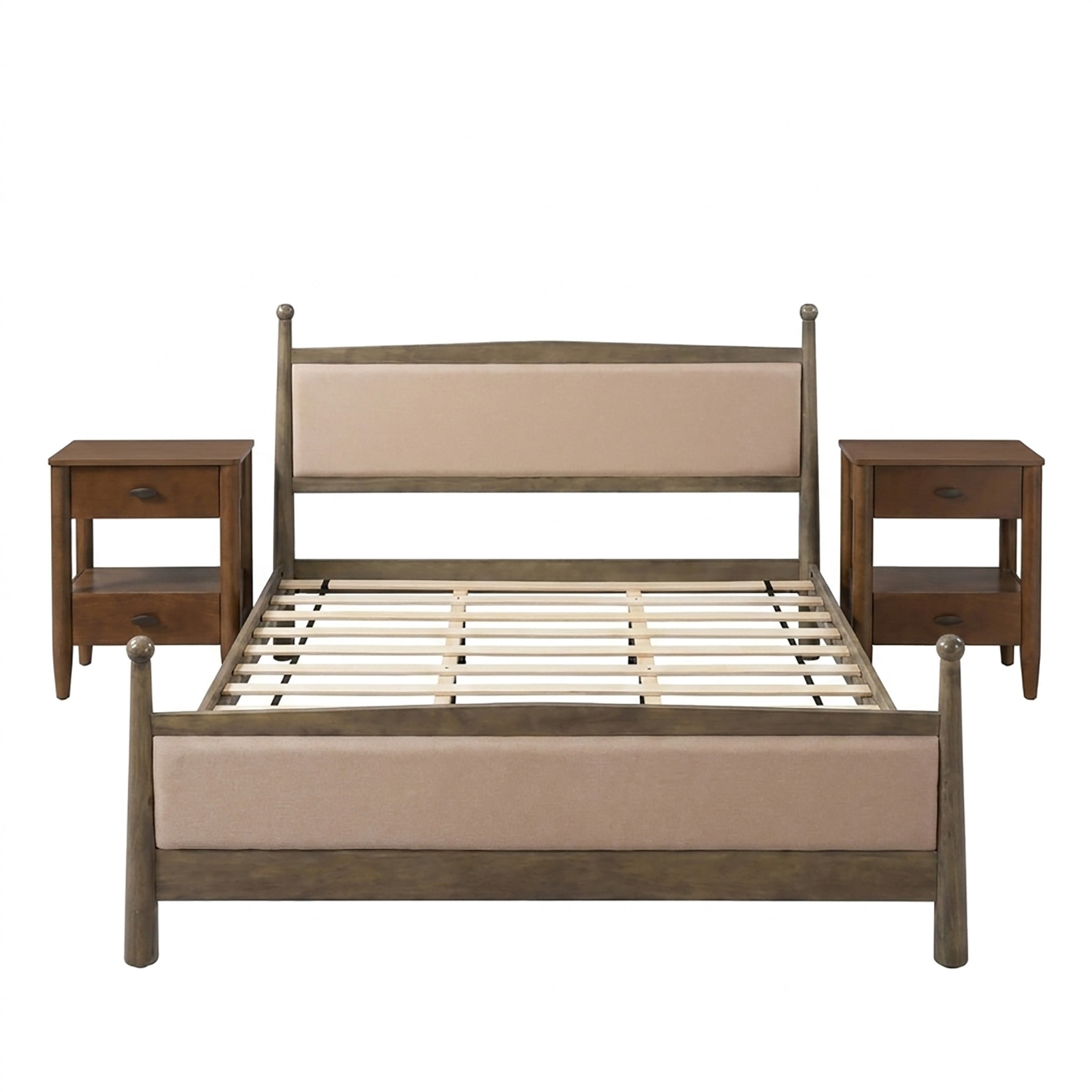 Christopher Knight Home Transitional Bedroom Set, King Upholstered Bed with 2 Nightstands, Natural+Walnut