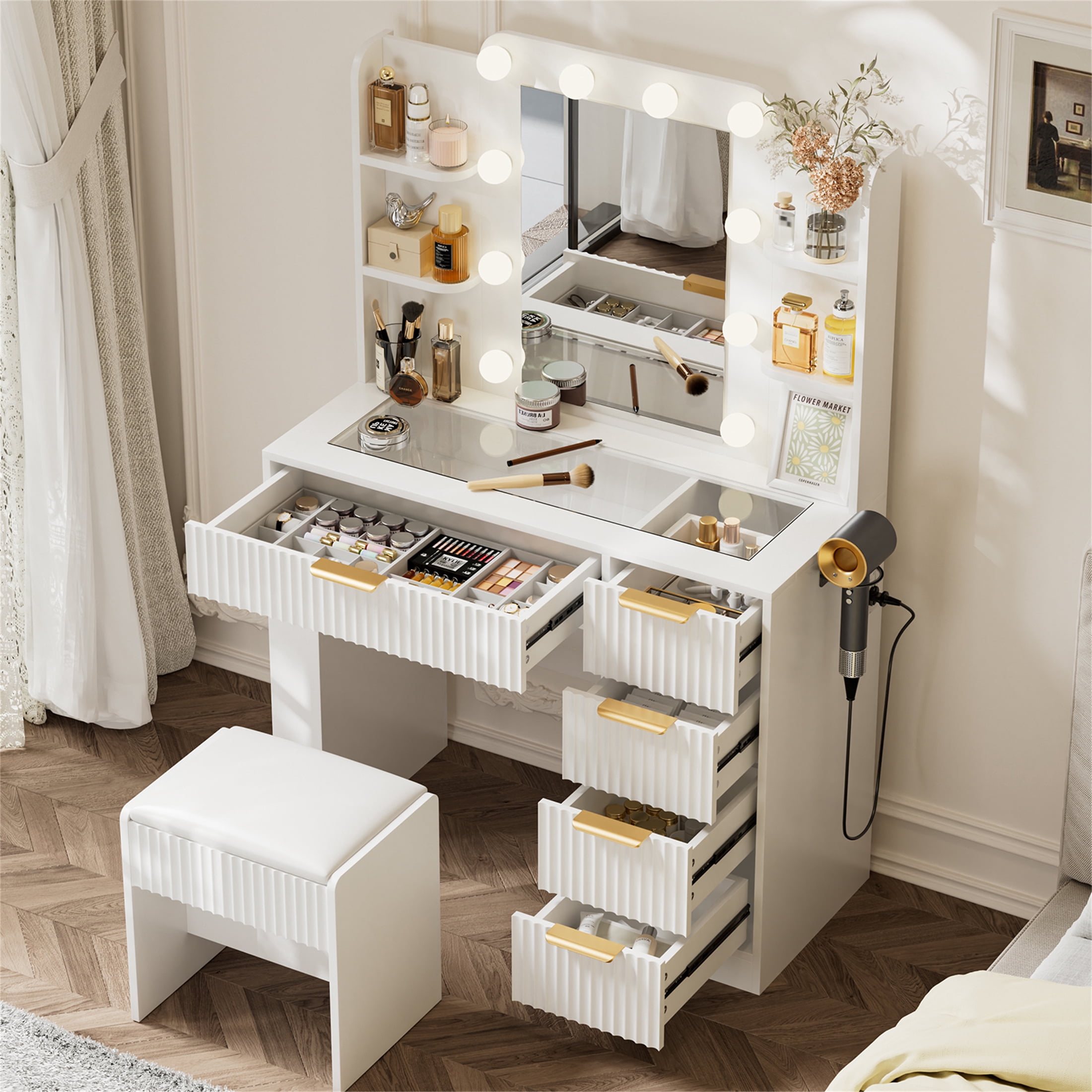 Yeahumalia Vanity Desk Set with Mirror and Lights, Makeup Table with Charging Station and Chair, White