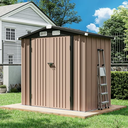 BaPiPro 6 x 4 ft Outdoor Metal Storage Shed with Included Base & Air Vents, Lockable, Brown