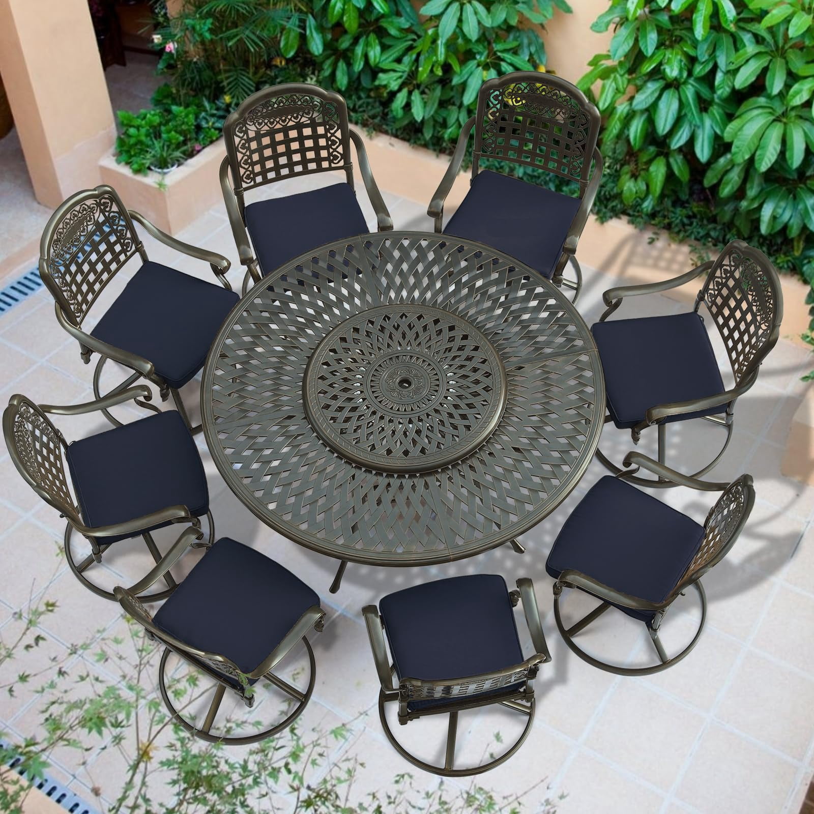 VIVIJASON 9-Piece Outdoor Furniture Dining Set, Rust-Free Cast Aluminum Patio Conversation Set, Include 8 Swivel Dining Chairs & 61" Round Dining Table with 31" Lazy Susan, Umbrella Hole, Navy Blue
