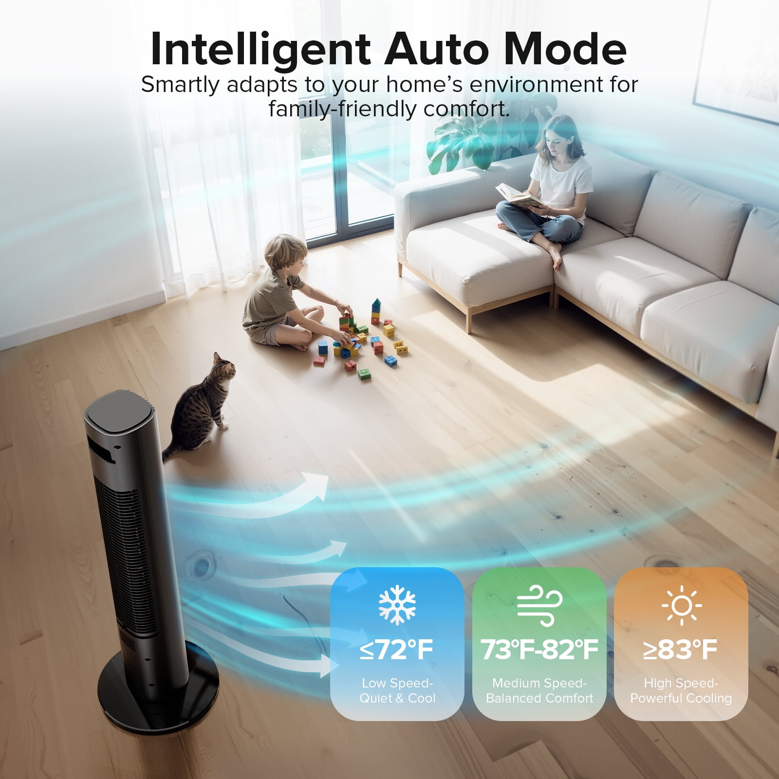 KISSAIR 35" Bladeless Tower Fan, Quiet Oscillating Fan with Remote, 4 Modes & 3 Speeds, 12H Timer, LED Display, Safe for Kids & Pets, Ideal for Bedroom & Home (Black)