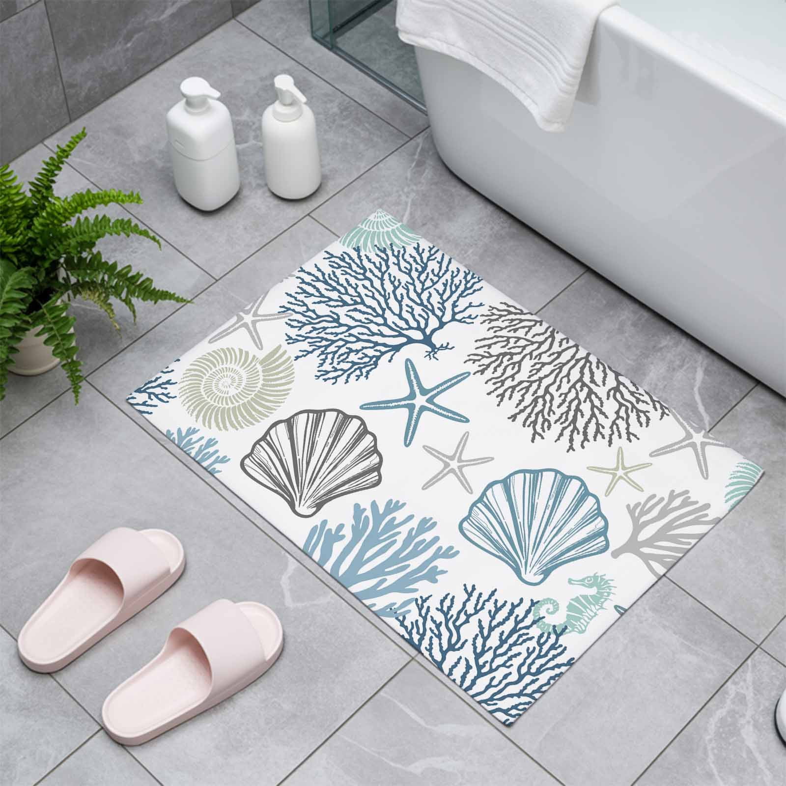 Navy Blue Teal Coastal Indoor Door Mat - 18"x30", Non-Slip Welcome Mat for Outdoor, Summer Beach Coral Shell Ocean Front Doormat for Entry, Low-Profile Doormat Entrance Rug for Kitchen/Bathroom