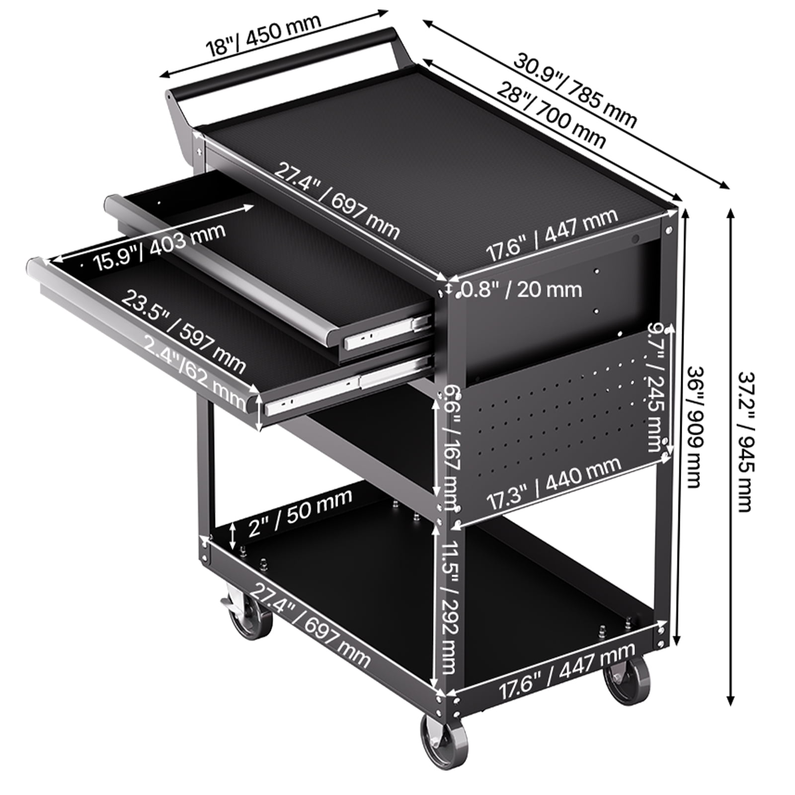 VEVOR 5-Tier Tool Cart with Wheels, 400 lbs Load Capacity, Rolling Work Cart with 2 Drawers & Pegboard, Mechanic Tool Storage Organizer with Locking System for Warehouse and Repair Shop, Black
