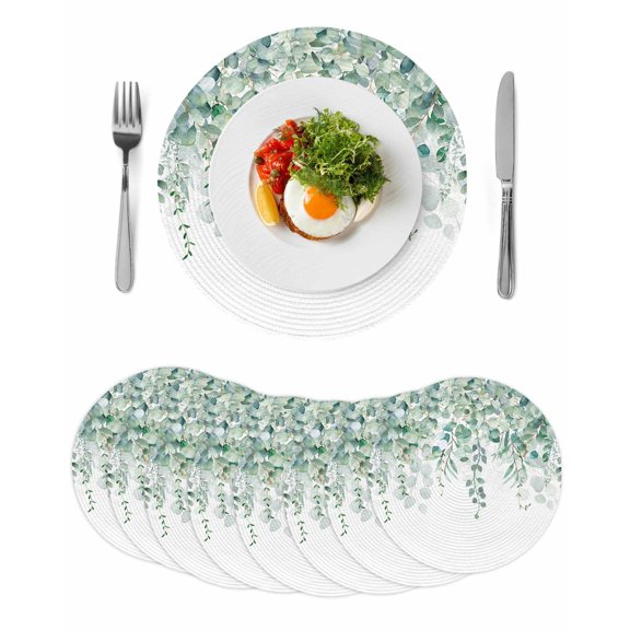 Teal Eucalyptus Leaves Round 13 Inch Placemats Set of 8, Spring Floral Summer Botanical HeatResistant Non Slip Place Mats for Dining Table, Wipeable Braided Kitchen Table Mats for Housewarming