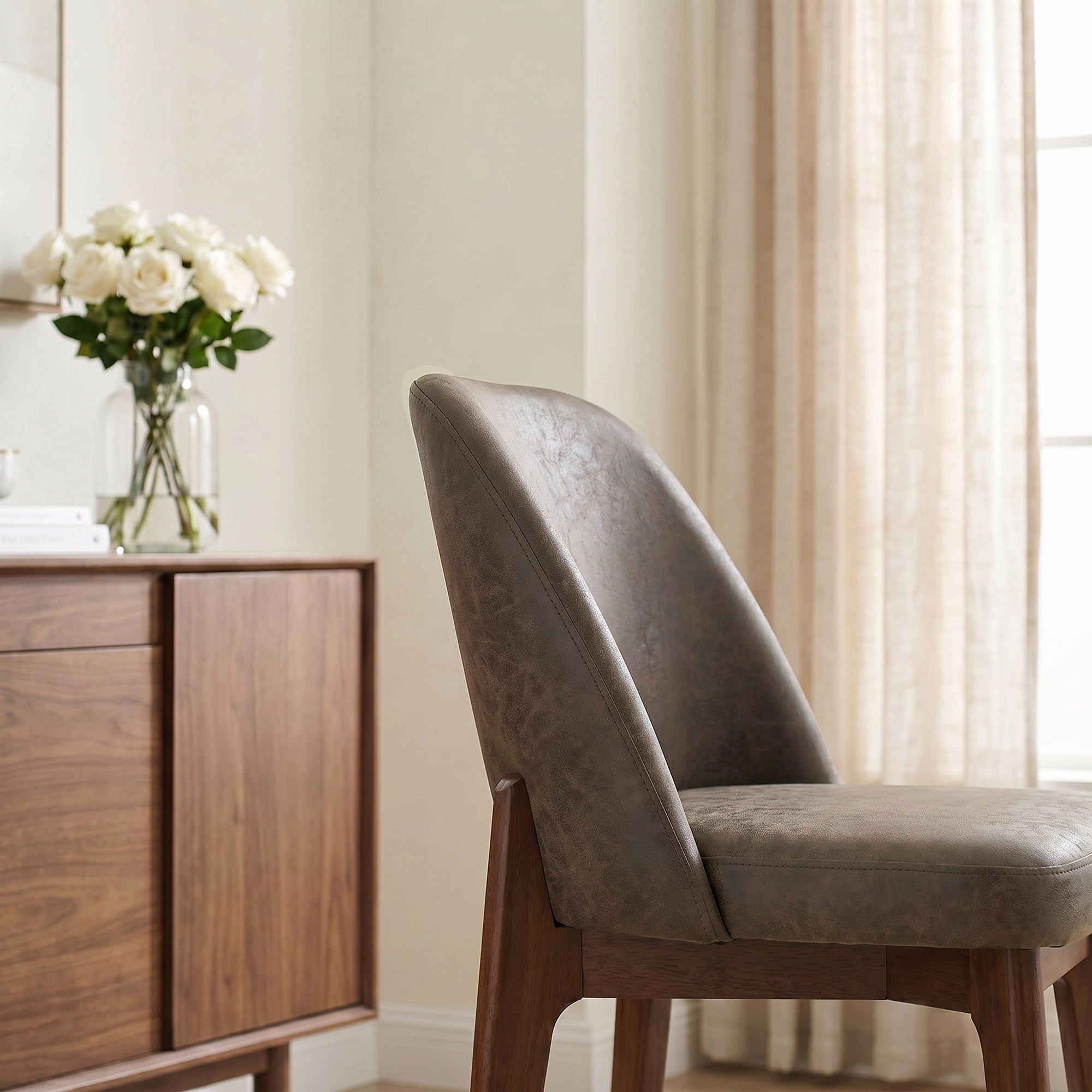 19.7" W Faux Leather Dining Chairs Set of 2, Modern Upholstered Kitchen Chairs with Solid Wood Legs, Easy Clean, Dark Brown
