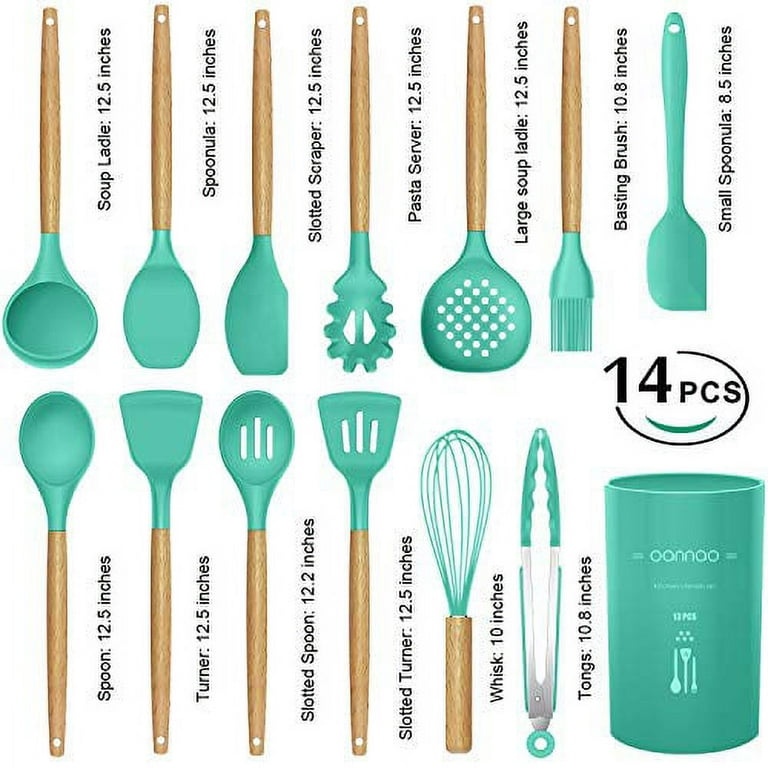 14 Pcs Silicone Cooking Utensils Kitchen Utensil Set - 446°F Heat  Resistant,Turner Tongs, Spatula, Spoon, Brush, Whisk, Wooden Handle Kitchen  Gadgets with Holder for Nonstick Cookware (BPA Free Khaki)