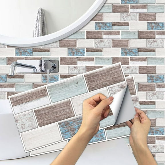 6 Pcs Tiles Stickers Wall Decals 11.8x5.9inch Blue Brown Gray Wood Grain Self Adhesive Waterproof Vinyl Peel and Stick Backsplash Brick Wallpaper