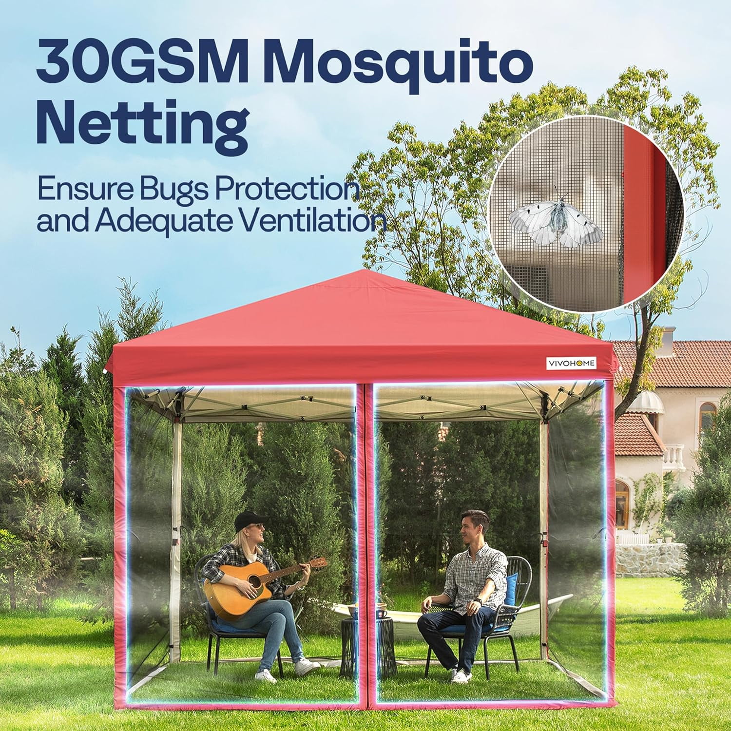 SPECSTAR 8'x 8' Easy Pop-Up Canopy with Mesh Netting, Instant Outdoor Screened tent with Mosquito Netting, 2 Zipper Doors and Roller Bag for Yard Camping Picnic Party Events, Red