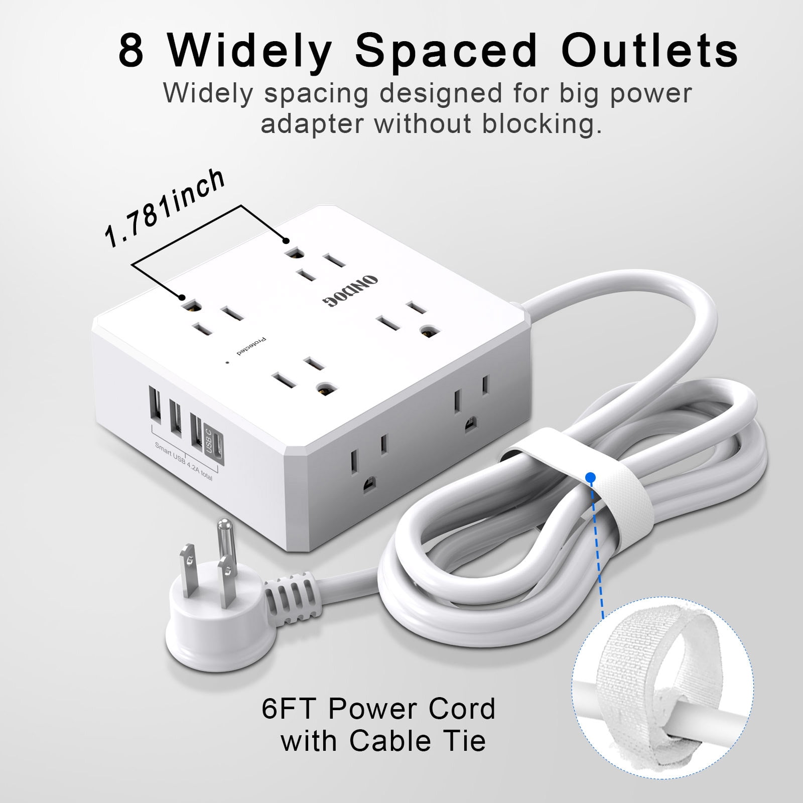 ONDOG 6 ft Extension Cord Power Strip with 4 USB Ports Widely Surge Protector Outlets , White