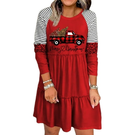 

Capreze Women Ruffle Mini Dress Christmas Holiday Pajama Dress Crew Neck Swing Flowy Tunic Tshirts Dress Car Print 4XL