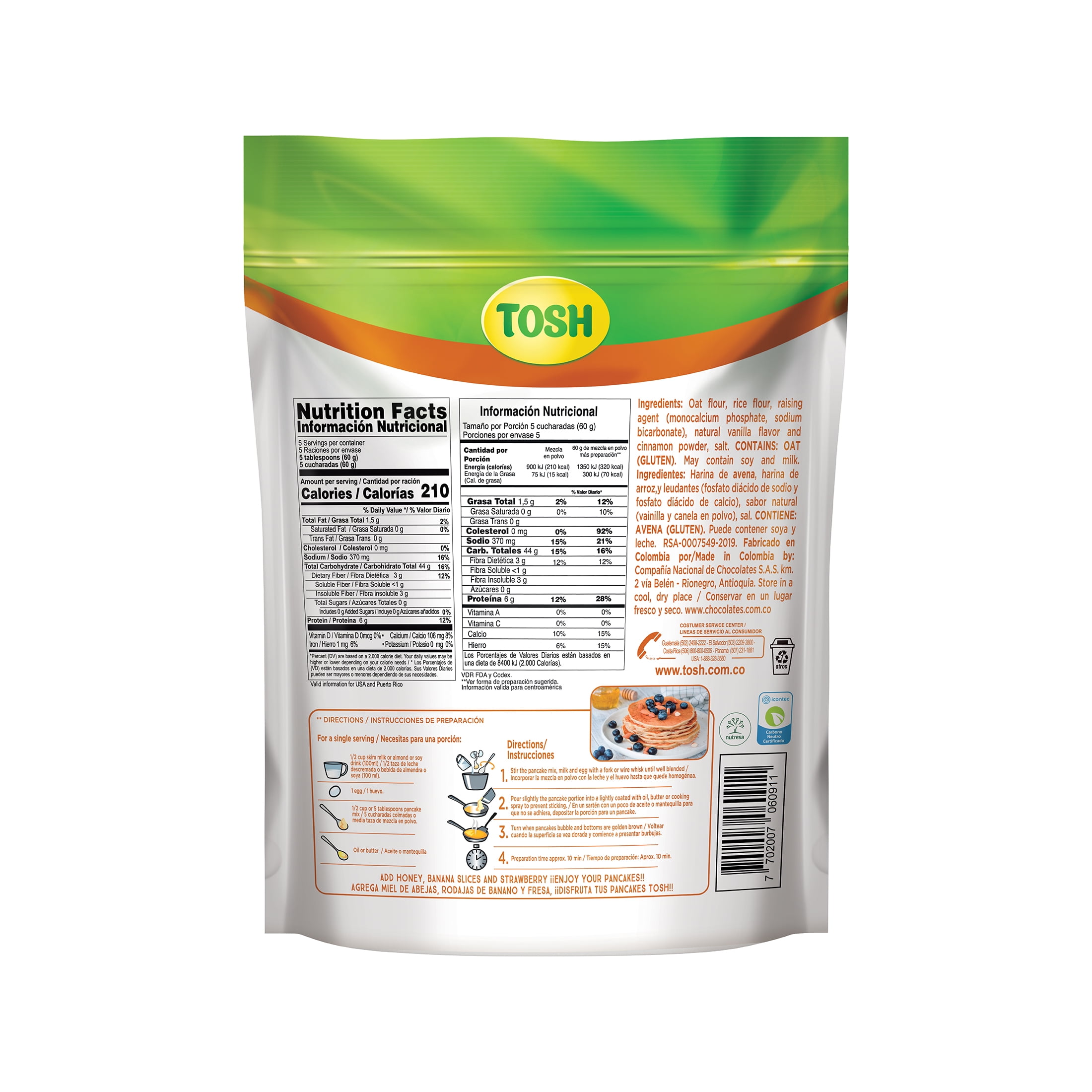 Tosh Oatmeal and Rice Pancake Mix 10.5 oz, High Fiber and Protein
