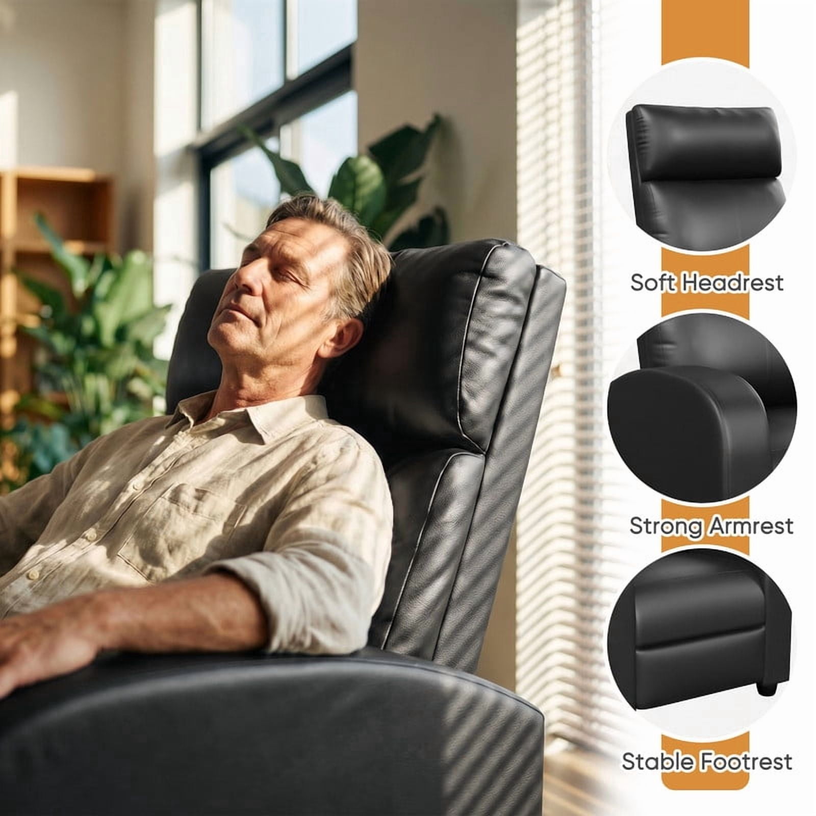 Vineego Massage Recliner Chair Small Places Single Sofa Adjustable Home Theater Seating with Side Pockets for Living Room,PU Black
