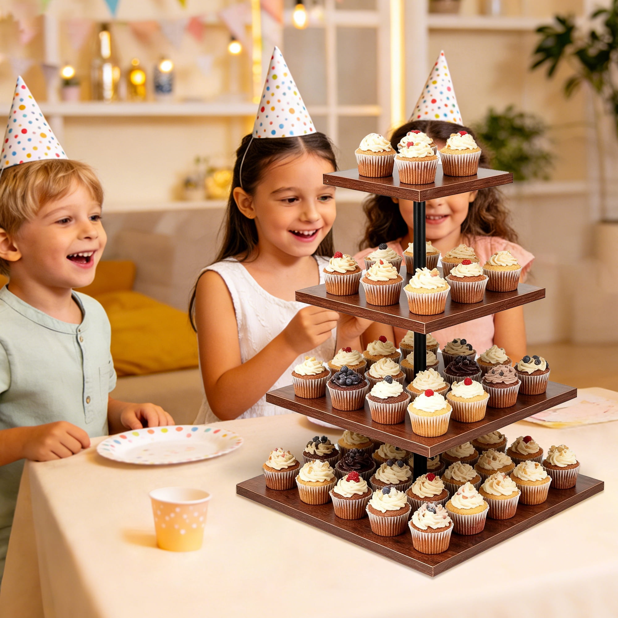 MOJINO 4 Tier Wooden Cupcake Stand for 50 Cupcakes, 360° Rotating Square Dessert Tower, Rustic Tiered Tray Serving Display for Wedding, Birthday, Baby Shower