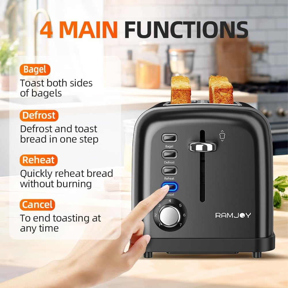 Black Toaster 2 Slice, Extra Wide Slot Toaster for Bagels, Bread, Waffles, 7 Shade Settings, 4 Main Functions, Removable Crumb Tray, 900 Watts Toasters, Black Stainless Steel