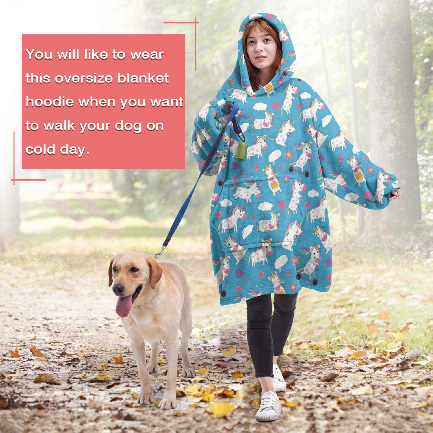 Wearable Oversized Blanket,Blue Cartoon Unicorn Cloud Flower Pattern Wearable Blanket Hoodie for Adults,Cozy Hooded Blankets with Super Pockets,Super Warm Fuzzy Pullover for Women & Men