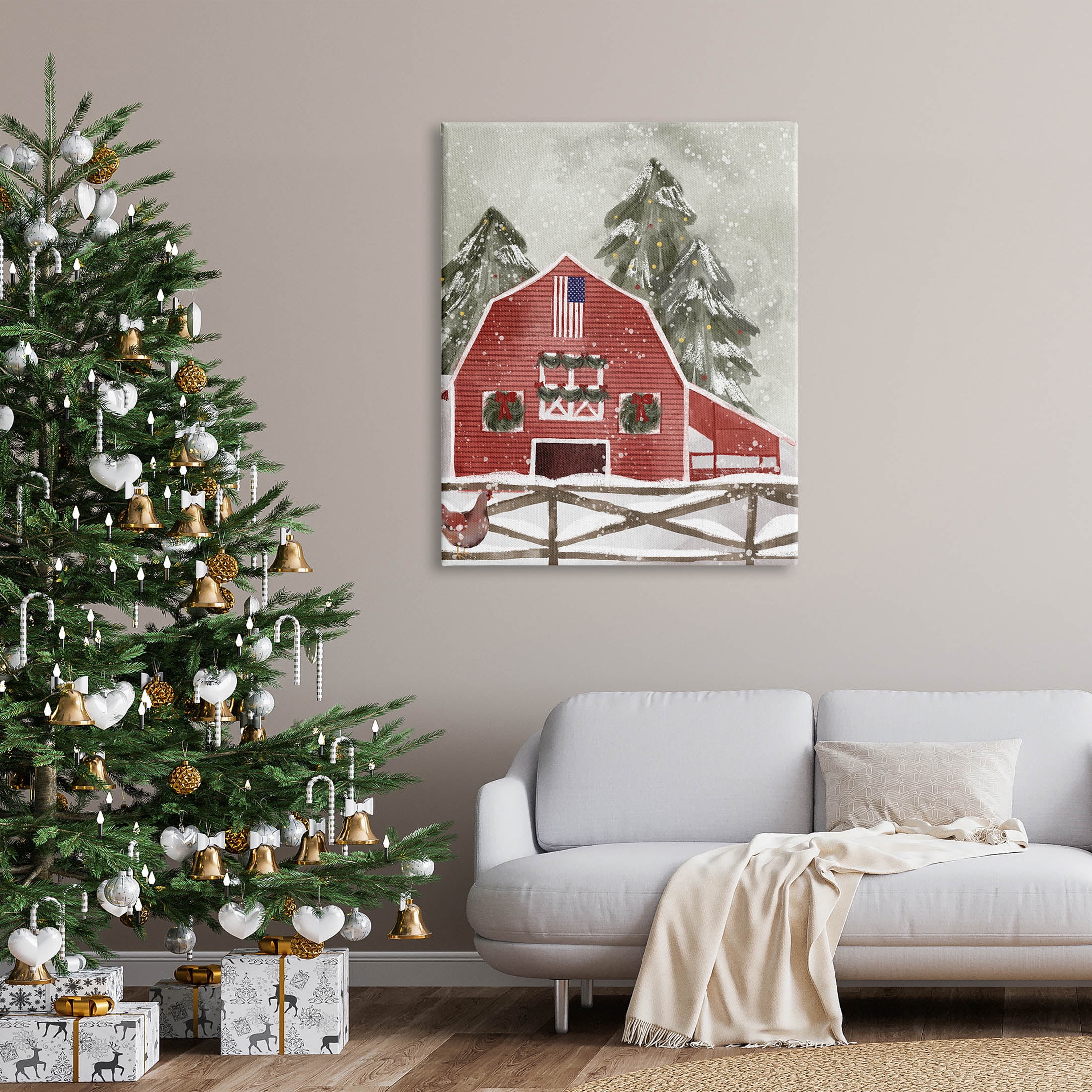 Stupell Industries Americana Barn Holiday Snow Scene Graphic Art Gallery Wrapped Canvas Print Wall Art, Design by Laura Konyndyk
