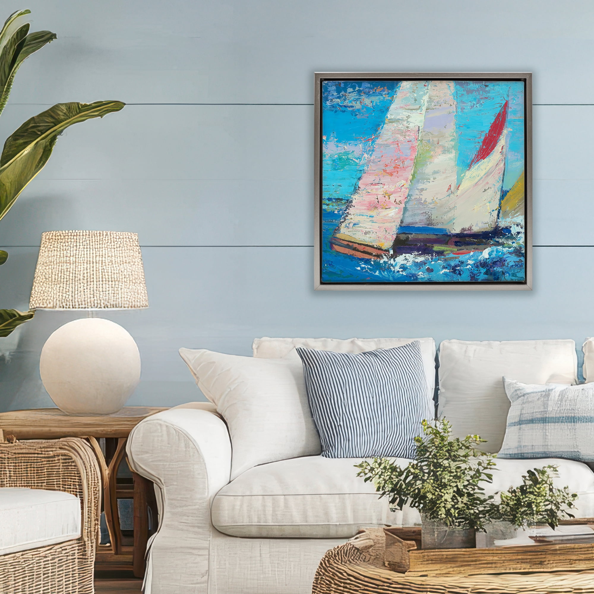 Stupell Industries Expressive Sailboats on Waves Gray Framed Floater Canvas Wall Art, design by Beth A. Forst