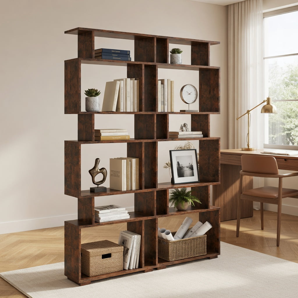 GVN 6-Tier Geometric Open Bookshelf Stylish Modern Display Bookcase with 2 Anti-Tipping Kits Stable Structure for Home Office Study Living Room Storage Furniture, Brown