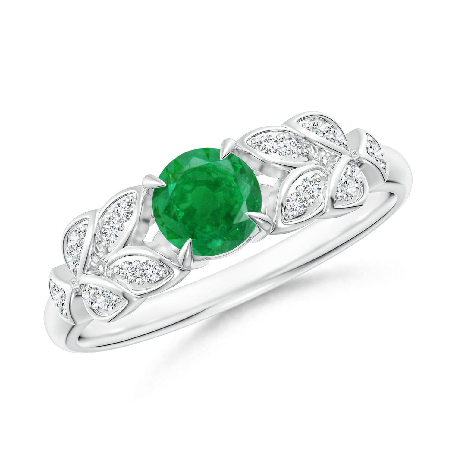 Angara - May Birthstone Ring - Nature Inspired Round Emerald Leaf Shank ...