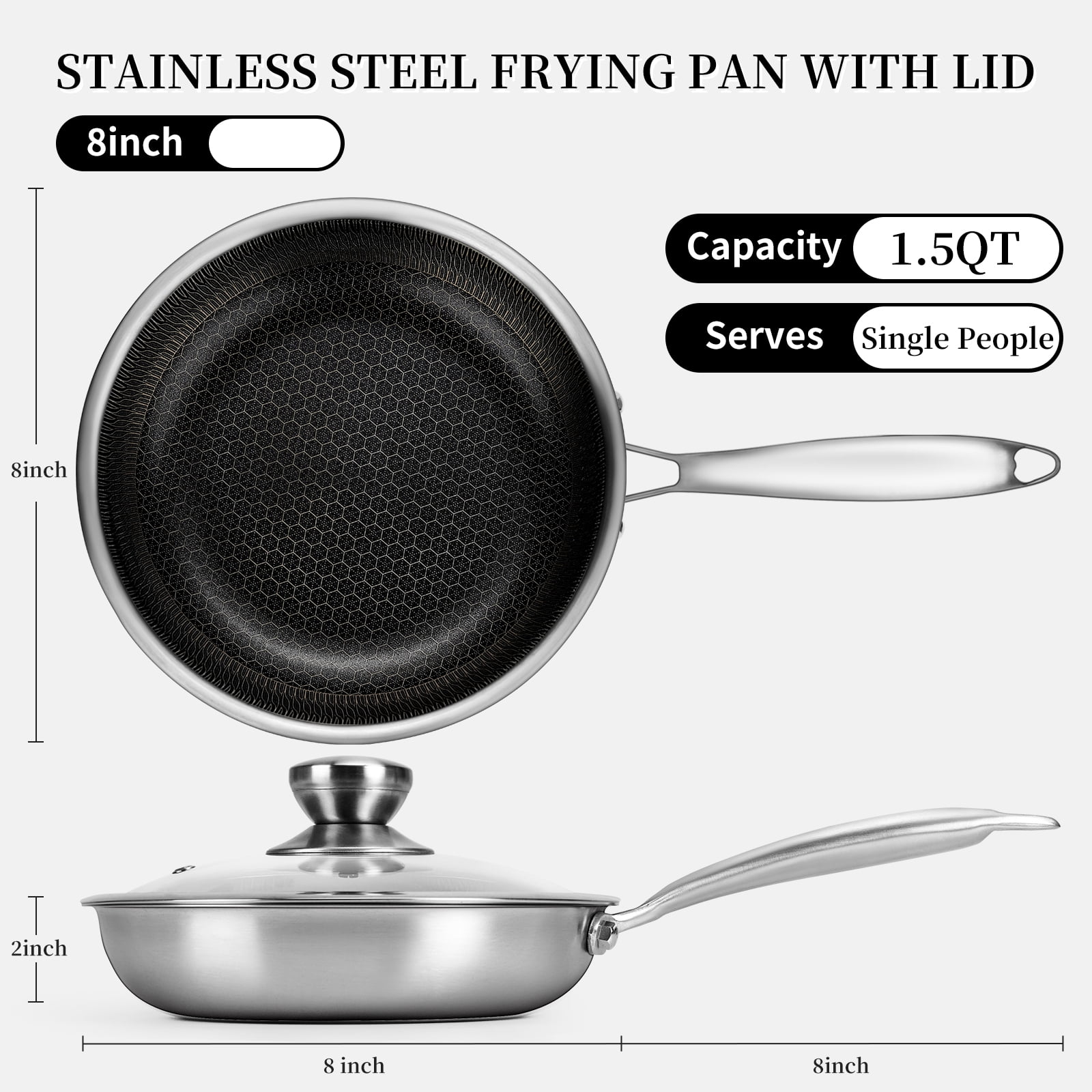 Innerwell Nonstick 8inch Stainless Steel Frying Pan Honeycomb Coating Omelet Pan with All Stove Tops Available, Induction Compatible