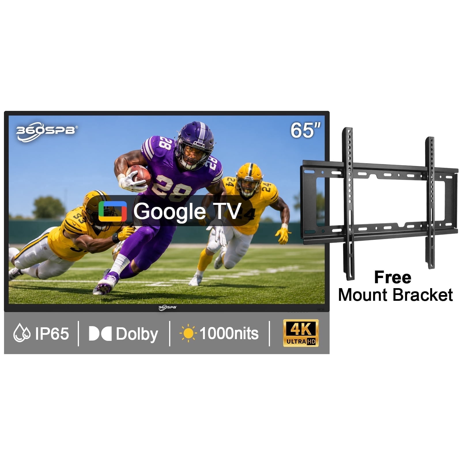 Pyimgus 65” Outdoor TV, 4K UHD Google TV, 1000nits Ultra-High Outdoor Television, IP65 Waterproof TV, Weatherproof TVs with Voice Assistant Remote, Smart Outdoor TV with Dolby for Patios, Sports