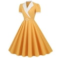 thumbnail image 7 of Wycnly Womens Dresses Empire Waist Flowy Pleated Swing A Line Vintage 1950S Graduation Dresses Summer Color Block V-Neck Short Sleeve Formal Midi Dress Yellow XXL, 7 of 7