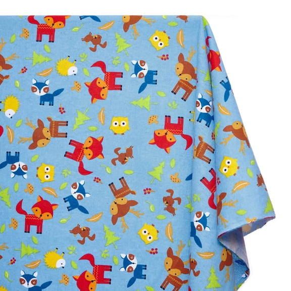 Forest Animals Printed Hypoallergenic Cotton Flannel 44" Fabric By The Yard - Blue