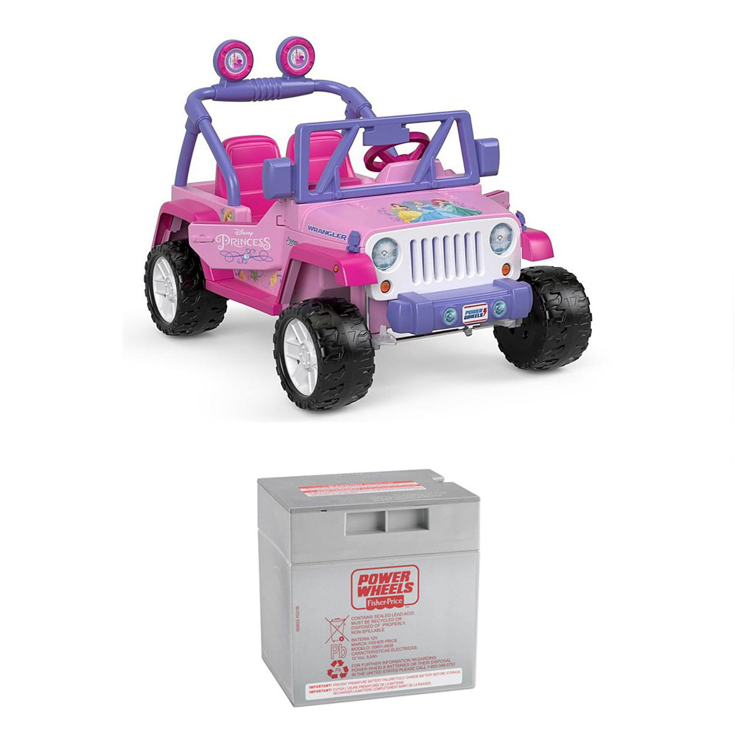 Power Wheels 12 Volt Disney Princess Jeep Wrangler Ride-On + Replacement  Battery 