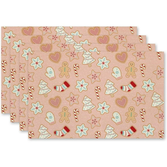 Pink Christmas Placemats Set of 4, Christmas Christmas Treats Gingerbread Placemats, Cute Christmas Table Mats Place Mats for Kitchen Dining Table Winter Holiday Party Decoration 18x12 Inch