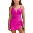 thumbnail image 2 of Busydd Girls Bathing Suit with Built in Bra 7-16 Years Solid Color Straps Girls Swimsuit One Piece V Neck Pleated Side Bow Swimdress 9 Years, 2 of 9