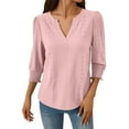 thumbnail image 4 of BangWanChi Women's Casual T-Shirts Fashion Ladies Solid 3/4 Length Sleeve Smocked Cuffed V-Neck Shirt Pink XXL, 4 of 5