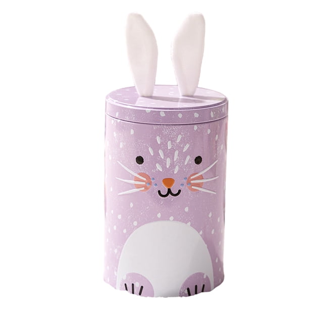 Cateissary Caja de hojalata con forma de conejito, estilo retro, para decoración de dulces, con orejas de conejo de peluche, caja de regalo para Almacenamiento y organización del hogar púrpura
