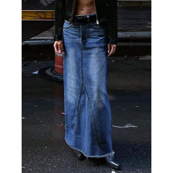 Womens Mid Rise Denim Maxi Skirt 90s Retro Vintage Wash with Raw Frayed Hem Edgy Streetwear Mermaid Fit