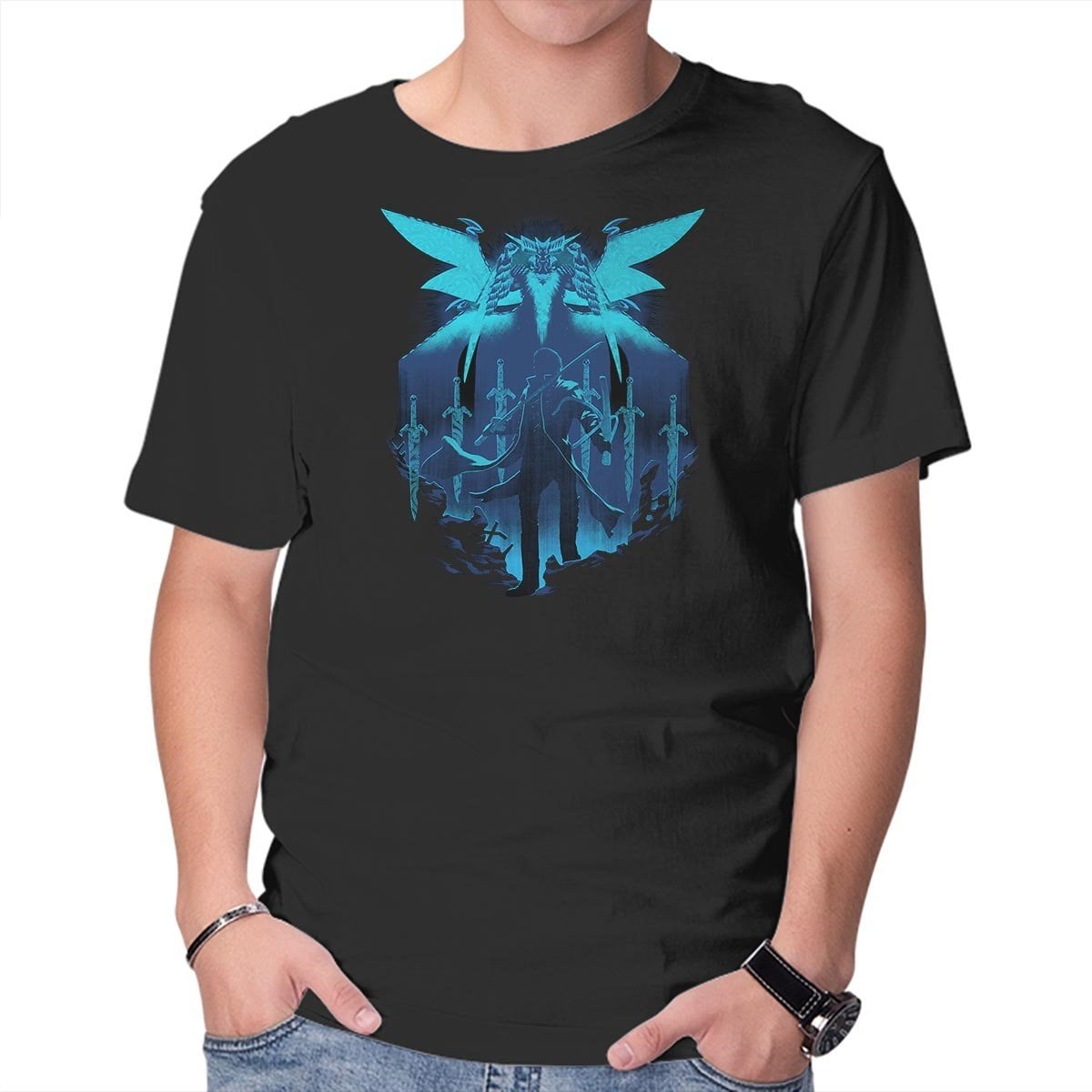 TeeFury Men's T-shirt Graphic T-shirts Blue King - devil may cry, gaming,  video game, sword, blue, wings, grave, villain, greek 