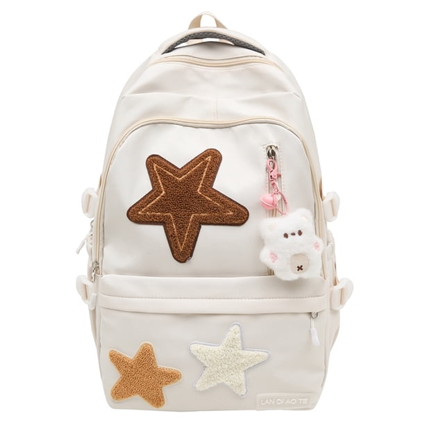 Mochila escolar linda Likrtyny vintage con apliques de estrella colgante blanco