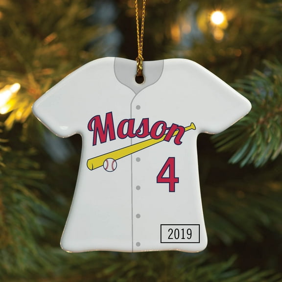 Personalized Baseball Jersey Christmas Tree Ornament, Red/Yellow Bat