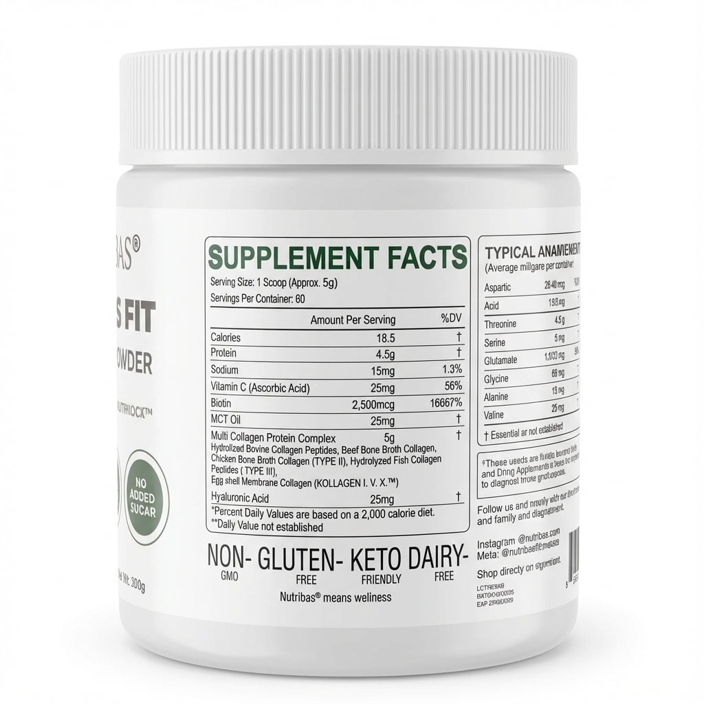 Nutribas Protein Multi Collagen Peptides Powder Whole Body Support Formula With MCT, Vitamin C, Biotin & Hyaluronic Acid , Unflavored, 2 lbs