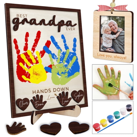 10" Hands Down Best Grandpa Ever DIY Handprint Kids Frame with Paints, Car Picture Holder, Photo Ornament, Fridge Magnet, Art Craft Family Keepsake Birthday Father's Day Gift for Pops, Papa HF610