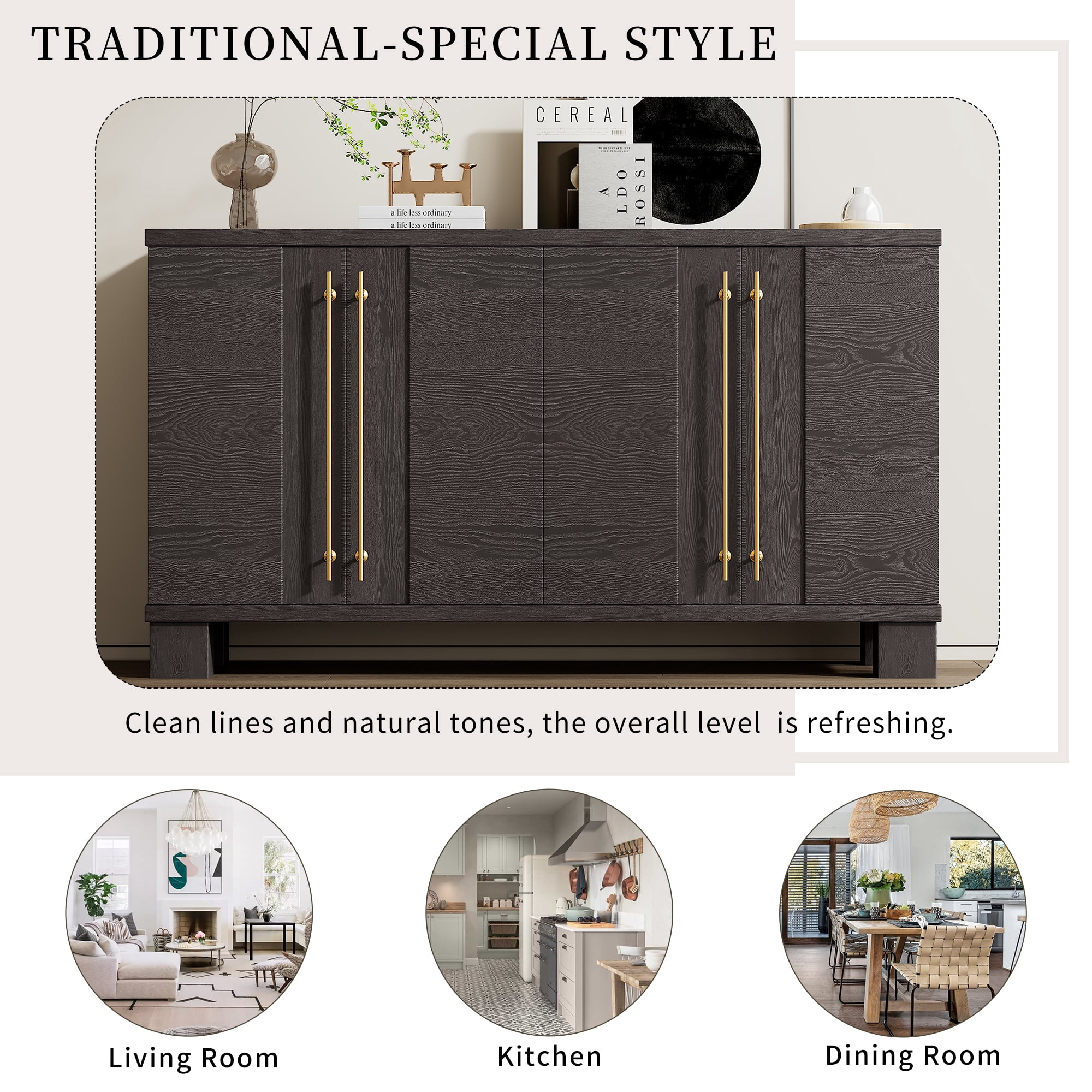 Euroco 60" Sideboard Buffet Cabinet with Storage, Wooden Coffee Bar Cabinet with Gold Handles & Adjustable Shelves for Kitchen, Dining Room and Living Room,Taupe