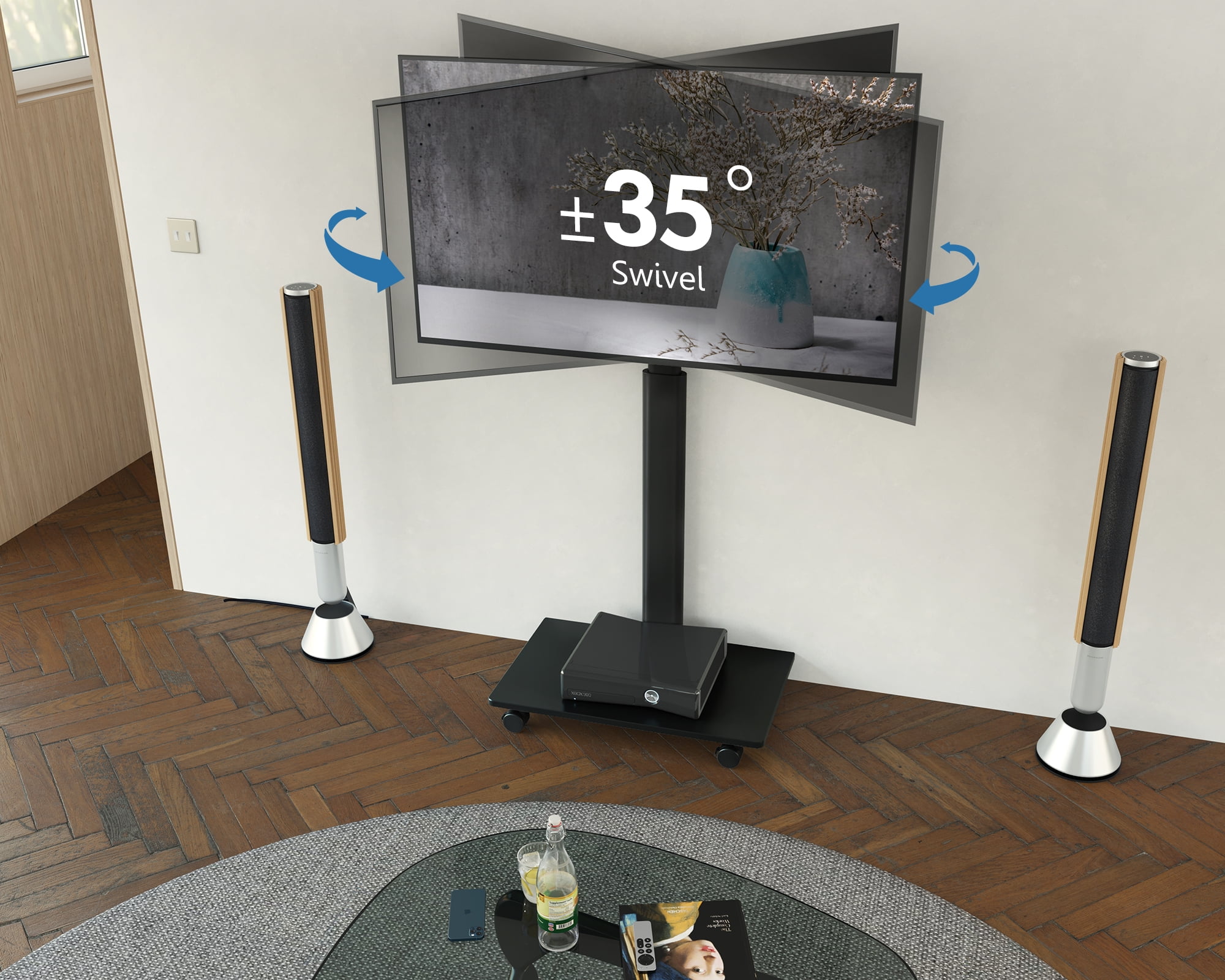 FITUEYES  Swivel Modern Rolling TV Stand Mobile TV Cart with Wheels Holds up to 65 inch TV,with Tempered Glass Base and Safety Hooks