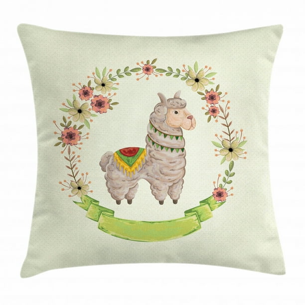 Llama Throw Pillow Cushion Cover, Colorful Watercolor Floral Wreath and South American Animal