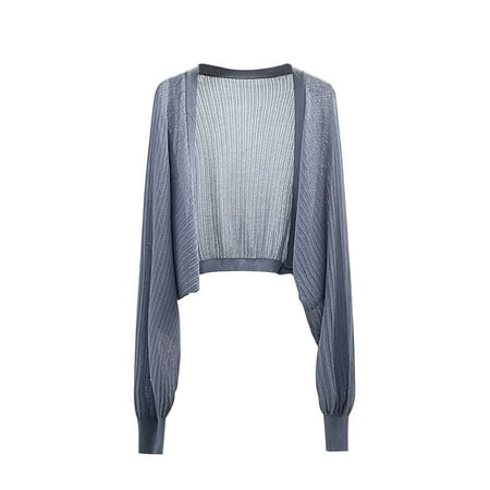 Ashirexll Summer Cardigan  Solid Color Plus Size Loose Short Knit Long Sleeve Knit Top Thin Jacket Swimsuit Coverup for Women Blue 4XL
