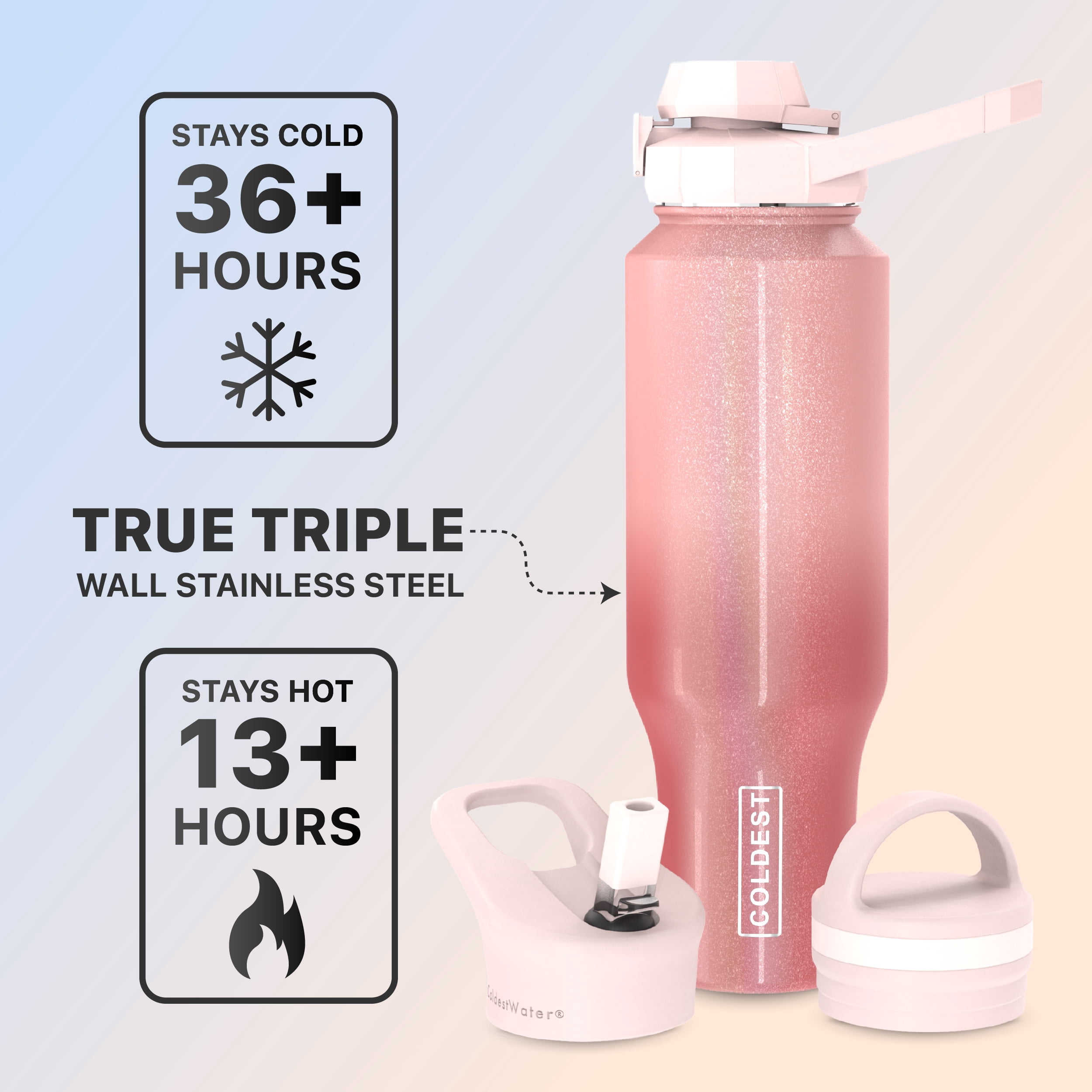 Coldest Sports Water Bottle - 3 Insulated Lids (Chug Lid, Straw Lid, Loop Lid ) Double Walled, Thermo Mug, Metal Canteen (46 oz, Bellatrix Pink Glitter)