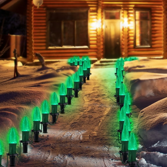 LAMPHOME Green C9 Christmas Pathway Lights Outdoor, 25.7Ft 20 Bulbs Waterproof Walkway Lights with Stakes, Connectable Yard Decor for Driveway Sidewalk Garden Holiday