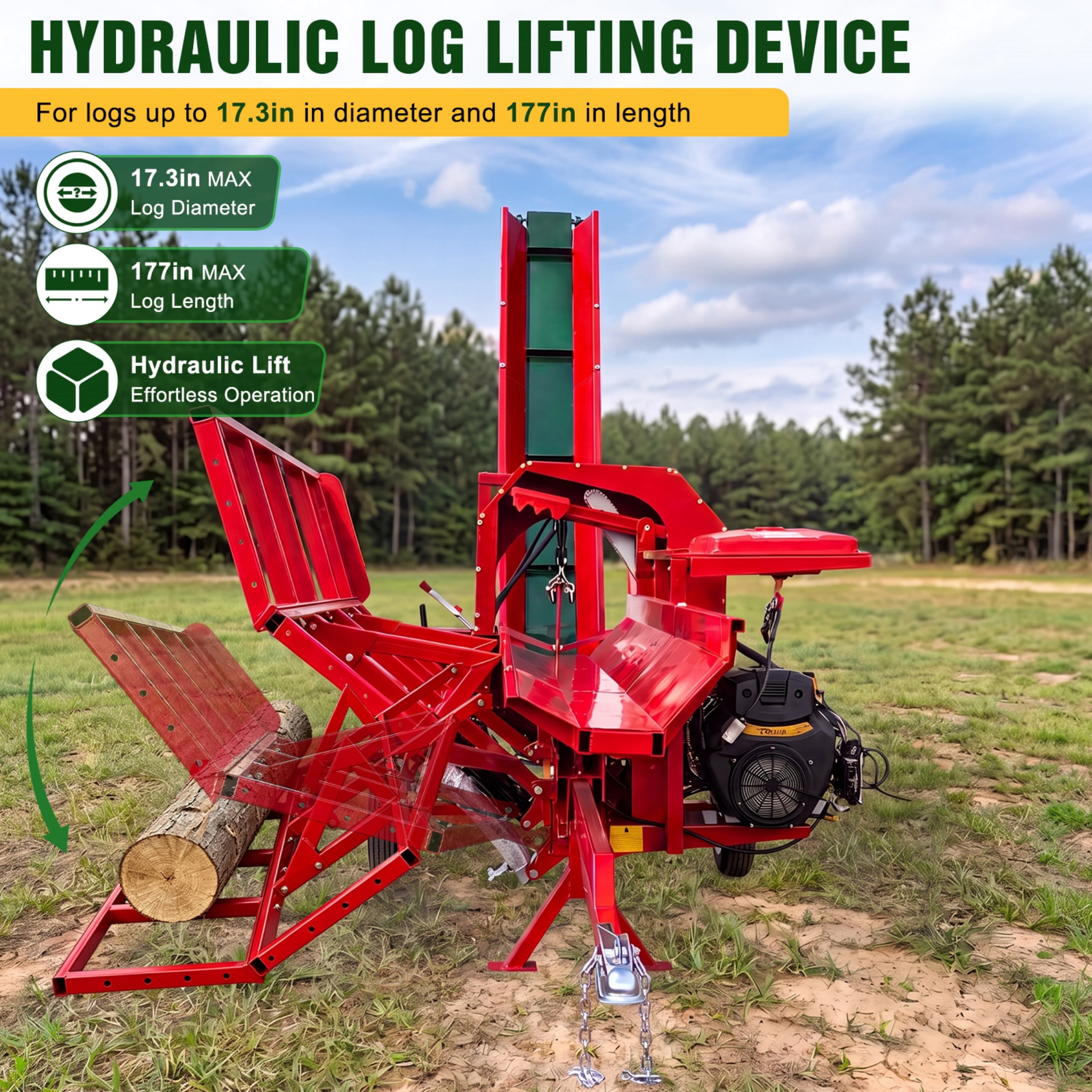 QEEKA 27T Firewood Processor & Log Splitter, 739cc Gas Engine, 17.32" Max Cut, 20" Chainsaw, Log Lifter, 3m Conveyor, 6-Way Hydraulic Wedge, Portable, for Home, Farm, Small Business