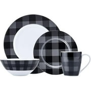 Pemberly Row Porcelain Dinner Set 16 Piece Buffalo Plaid Grey/Black
