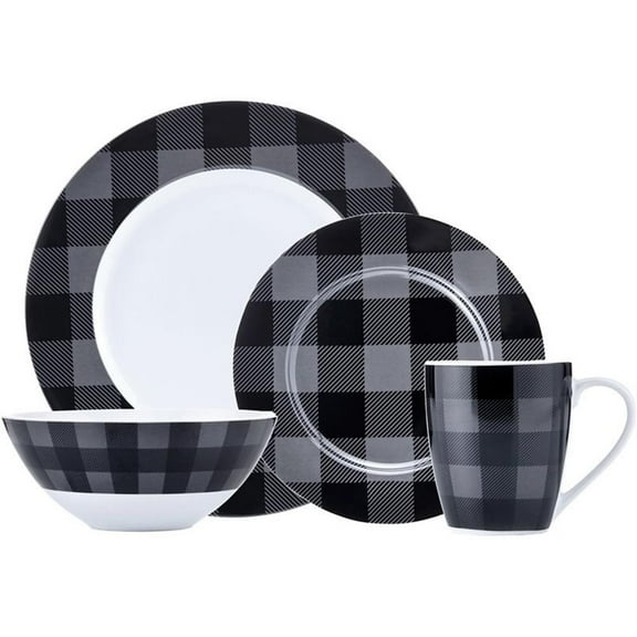 Pemberly Row Porcelain Dinner Set 16 Piece Buffalo Plaid Grey/Black